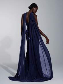 Elitara 优雅奢华重工水钻手工金属花朵贝壳领美人鱼尾正式女士晚礼服 - 藏蓝色 - 查看 2