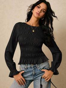 Poéselle Blusa de mujer de unicolor con cuello redondo y manga larga plisada