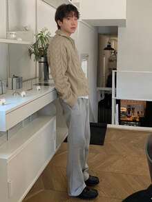 DAZY Solid Color Khaki Half-Zip Men Sweater, Autumn/Winter