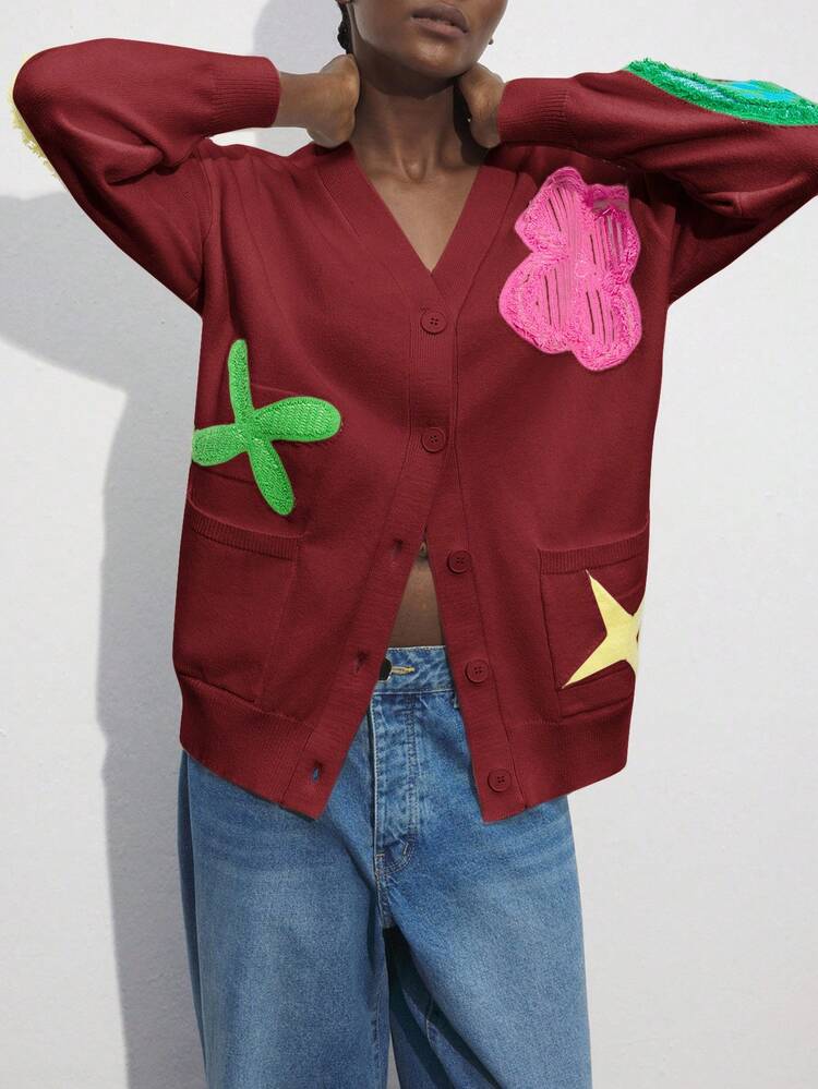 SHEIN Maija Women's Autumn/Winter Floral Print Decorative Loose Knit Cardigan, Versatile For Urban Commute, Business Casual, Office Wear, Elegant For Party And Gathering