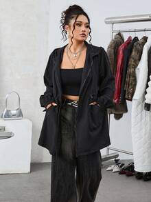 SHEIN EZwear 加大码连帽束腰防水中长款黑色夹克，适合雨天，秋冬季 - 黑色 - 查看 6