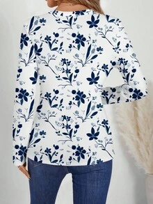 EMERY ROSE 女士休闲蓝色花卉秋叶V领长袖T恤，适合秋冬季女士休闲上衣，休闲款 - 彩色 - 查看 2