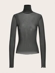 SHEIN Tall 斯德哥尔摩风格，秋季女装，2025年春季新款女装系列，高领毛领针织上衣，黑色秋冬款，新年女士上衣，网纱长袖黑色上衣 - 黑色 - 查看 5