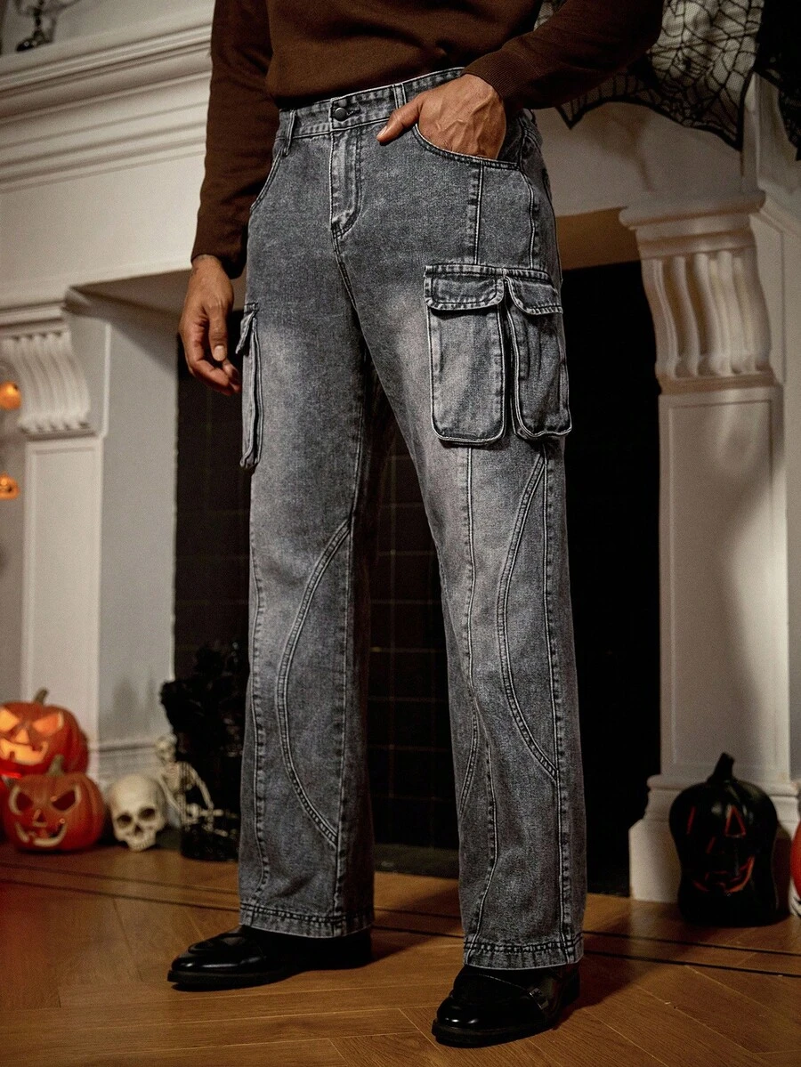 Manfinity Homme Calça Jeans Masculina Reta com Bolsos Cargo e Boca de Sino - Cinza - Visão 1