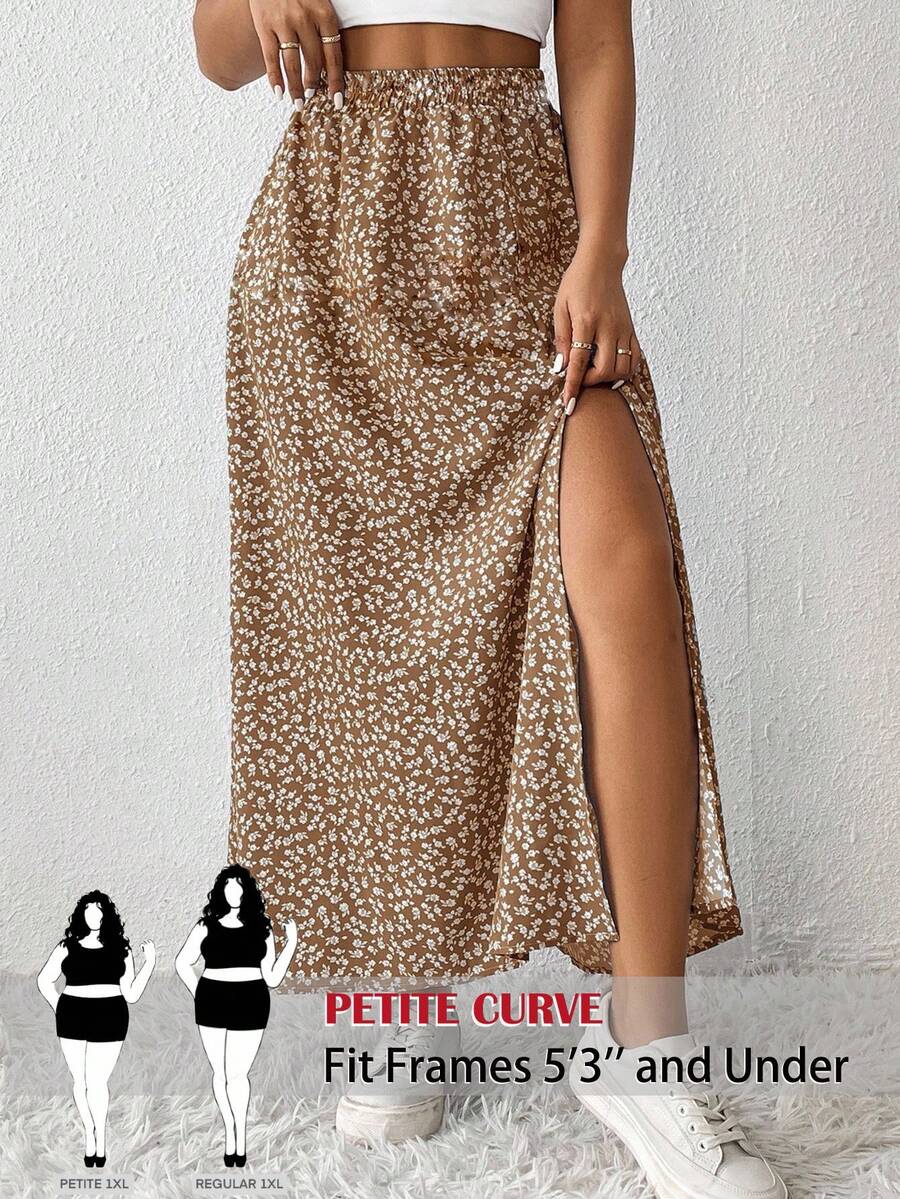 SHEIN PETITE CURVE Váy hè thường ngày cạp chun họa tiết hoa cỡ lớn - Màu Khaki - Xem 1