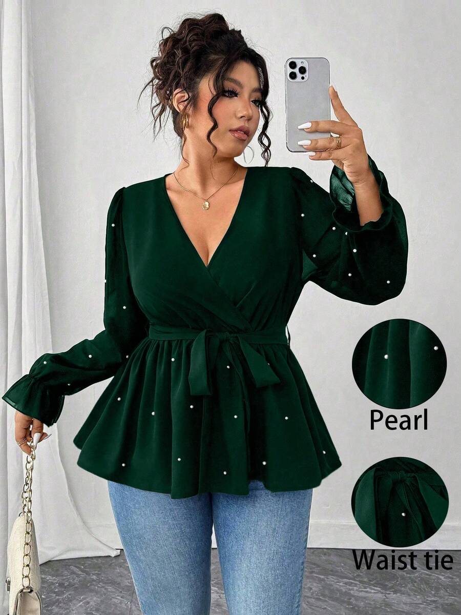 Elenzga 大码女式畅销V领优雅性感修身衬衫，适合通勤和派对，束腰蝴蝶结设计，仿珍珠装饰 - 墨綠色 - 查看 1