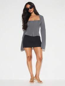 KIZN Áo corset cổ vuông tay dài thanh lịch có nút cài phía trước, tay áo ôm sát, kiểu dáng công sở, thời trang thu đông - Màu xám đen - Xem 4