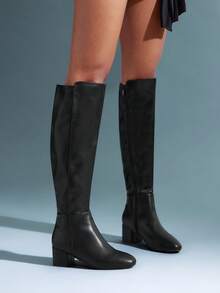 Solezae Women's Fashionable Comfortable Stretch Material Almond Toe Block Heel Over-Knee Boots - Black - View 2