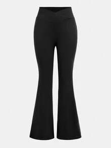 Girlism 2pcs/Set Teen Girls' Basic Mid-Calf Flare Leggings, Black & Navy Blue Waist Criss-Cross Design Skinny Casual Flare Pants Set Bell Bottom Pants Pants Flare Leg Flare Pants Teen Girls Girls Sports Knit Flared Pants Flared Leggings - Navy Blue - View 8