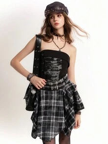 Bloopia 朋克摇滚时尚性感街头摩托车时尚女装秋冬万圣节字母印花拼布格子不对称 A 字中长连衣裙 - 黑色 - 查看 5