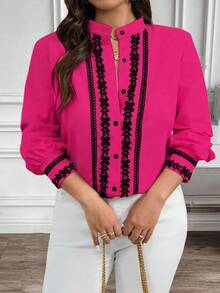 EMERY ROSE Plus Size Contrast Color Trim Collar & Cuff Casual/Work Wear Long Sleeve Shirt - Hot Pink - View 7