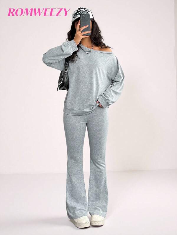 2pcs/Set Teen Girl Fashion Loose Shoulder Sweatshirt And Snug Fit Flare Pants Suit, Outfit Fall Winter