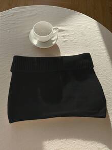 Comfortcana Saia suéter feminina de cor sólida, dobrável, cintura alta, saia preta, mini saia de cintura baixa, roupas de outono e inverno para mulheres