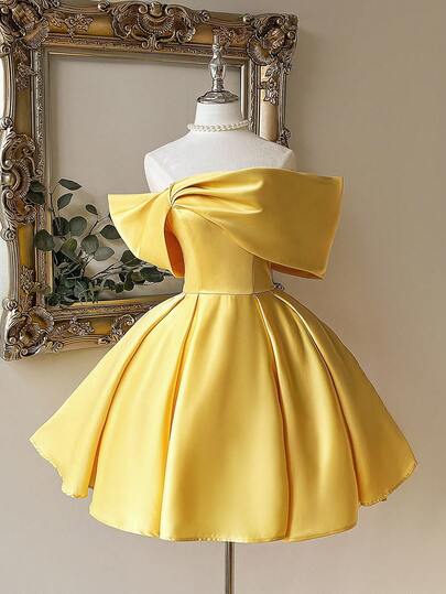 Lovelzi Off Shoulder Twisted Bow Sleeve Yellow Dress, Elegant For Ball,  Gala, Party, Date, Wedding, Prom Dress | SHEIN USA