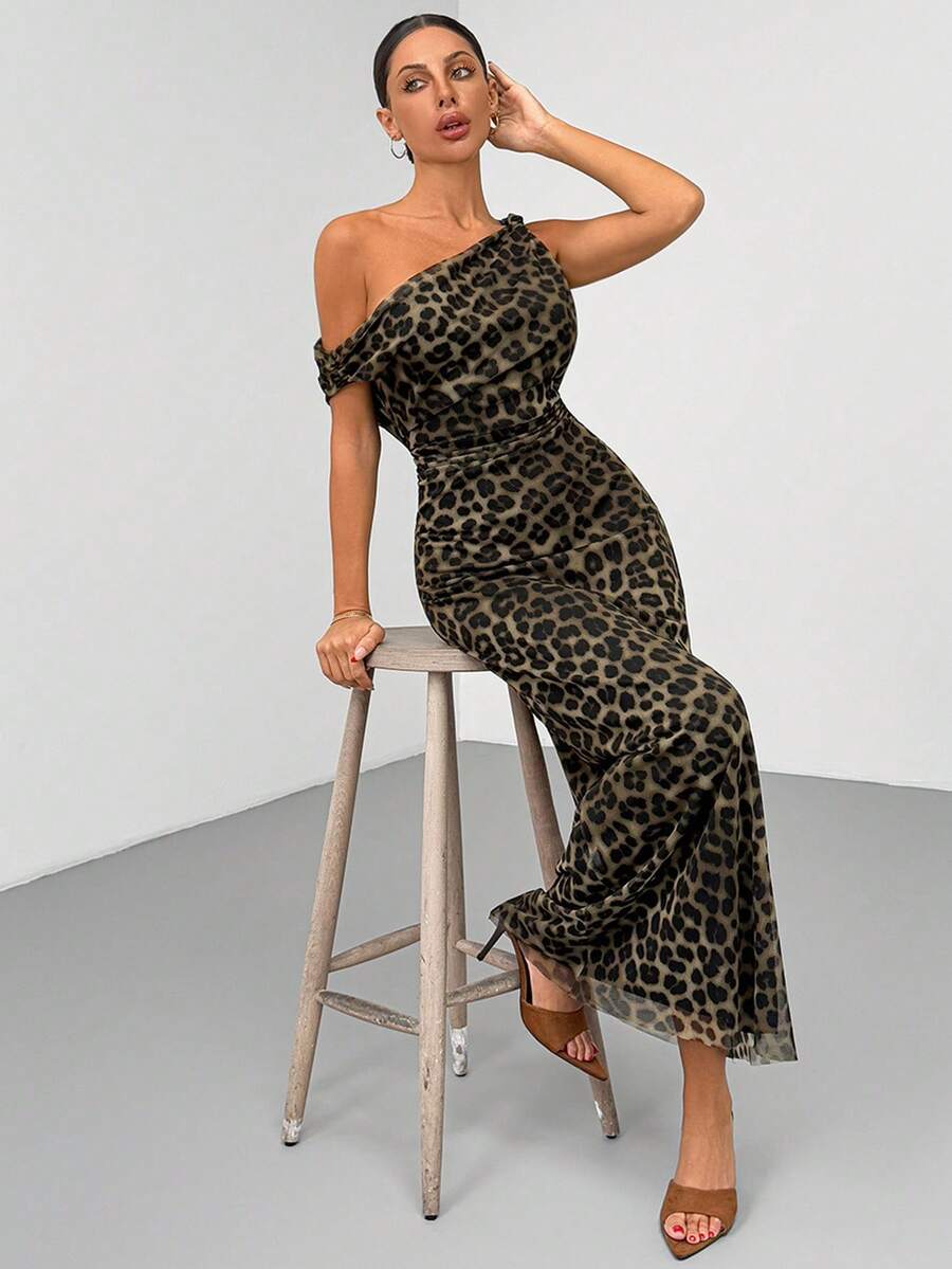 Leopard Printed, Mesh Fabric, Long Dreses - Multicolor - View 1