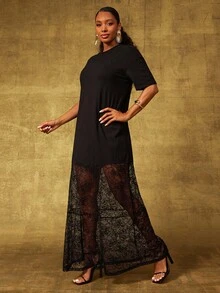 Vixey Drop Shoulder Oversized T Shirt Dress With Lace Hem, Going Out - Black - View 5