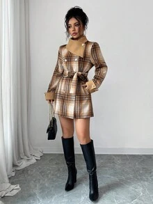 Elenzga Women's Elegant Romantic Commuter Khaki Plaid Asymmetrical Oblique Collar Double-Breasted Metal Button Decor Double Pocket 2 In 1 Splicing Lapel Cuff Bowknot Design Slim Fit Long Overcoat, Winter - Multicolor - View 4