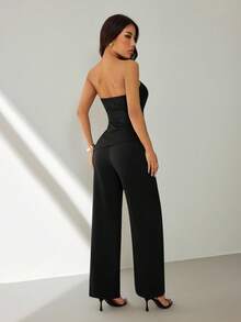 SHEIN PETITE Women's Simple Solid Color Tube Top And Suit Pants Set, Commuter Style, Summer - Black - View 2