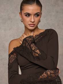 SHEIN BAE Áo thun nữ cổ bẻ tay loe màu đen trơn phối ren vá họa tiết bất đối xứng, dáng ôm vừa vặn, thanh lịch, thích hợp cho các buổi hẹn hò, tiệc tùng ngày lễ, đi chơi thời trang, hoạt động buổi tối, trang phục đi hộp đêm - Cà phê nâu - Xem 4