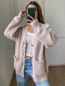DAZY Cárdigan de punto grueso de manga larga con cuello en V y bolsillos, de unicolor y holgado, estilo casual de calle para otoño/invierno - Rosa - Ver 1