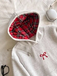 少女休闲卫衣，饰有蝴蝶结刺绣，时尚百搭，带口袋，适合秋冬季穿着 - 淺灰色 - 查看 7