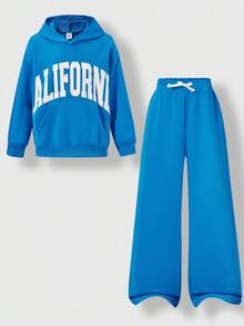 SHEIN Explorewe 2pcs/Set Tween Boy California Print Hoodie Sweatshirt & Wide Leg Pants Set, Casual Loose Fit, Autumn/Winter Fall - Blue - View 3