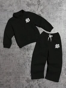 2件套男童字母印花长袖T恤和系带长裤休闲装