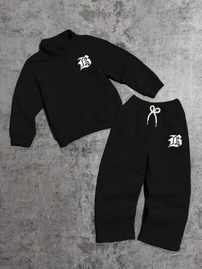 2件套男童字母印花长袖T恤和系带长裤休闲装