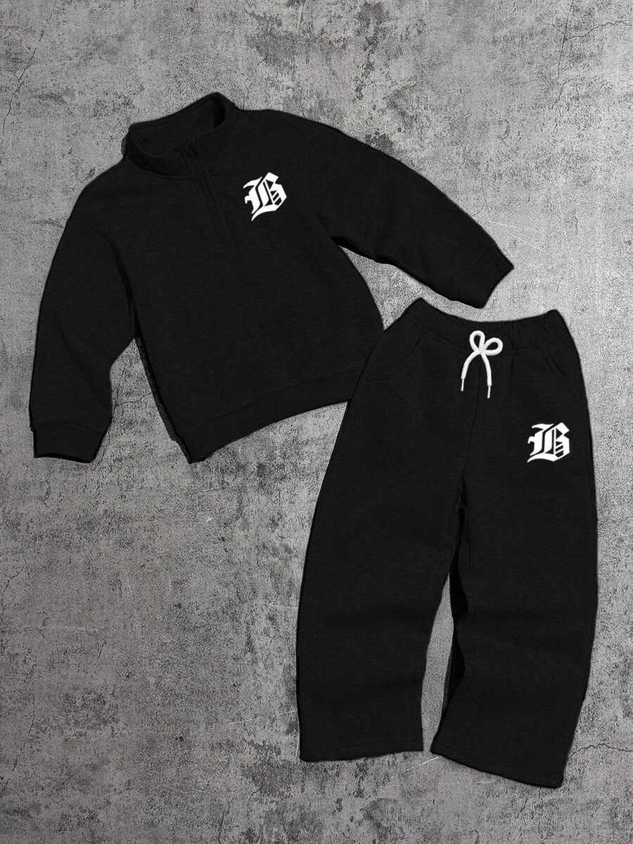 2件套男童字母印花长袖T恤和系带长裤休闲装