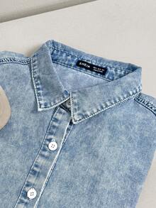 Comfortcana 落肩袖前紐扣牛仔襯衫不附吊帶上衣 - 中等水洗藍 - 查看 4