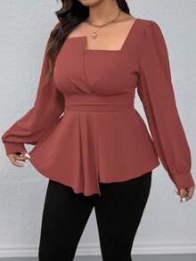 SHEIN LUNE Áo sơ mi tay dài cổ vuông màu trơn viền bèo nhún cỡ lớn, thường ngày cho dịp Giáng sinh, áo peplum - Gỗ đỏ - Xem 4