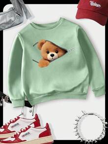 SHEIN 年轻女孩休闲日常熊印花圆领运动衫，秋季 - 綠色 - 查看 1