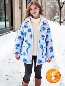 1件装 女童秋冬可爱卡通印花抽绳连帽拉链休闲保暖外套 女童冬季外套 儿童外套 女童抓绒外套 女童保暖外套 冬季外套 女童秋季 - 藍色 - 查看 3