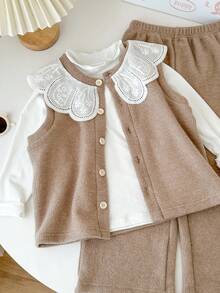 Genkimix Kids Genkimix 女童荷叶边领纯色上衣 + 碎花领装饰休闲纽扣背心 + 纯色直筒裤 3 件套