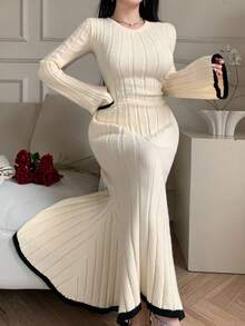 DAZY 女式优雅撞色鱼尾毛衣裙，秋季 - 米色 - 查看 8