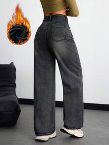 SHEIN ICON 女式纯色休闲保暖牛仔裤 - 灰色 - 查看 2