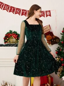 SHEIN Váy nhung nữ, Váy xanh lá cây mới, Váy thanh lịch vừa vặn thoải mái, Vải nhung, Thoải mái & thanh lịch, Phù hợp để mặc hàng ngày & Phong cách đường phố - màu xanh lá - Xem 4