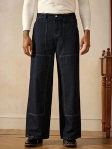 RivetRise 男士深蓝色宽松阔腿休闲牛仔裤 - 深色水洗藍 - 查看 6