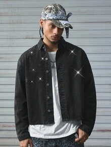 AXEPEAK Men Washed Rhinestone Denim Jacket, Brand High-End Lapel Stylish Short Jacket, Fall - Black - View 1