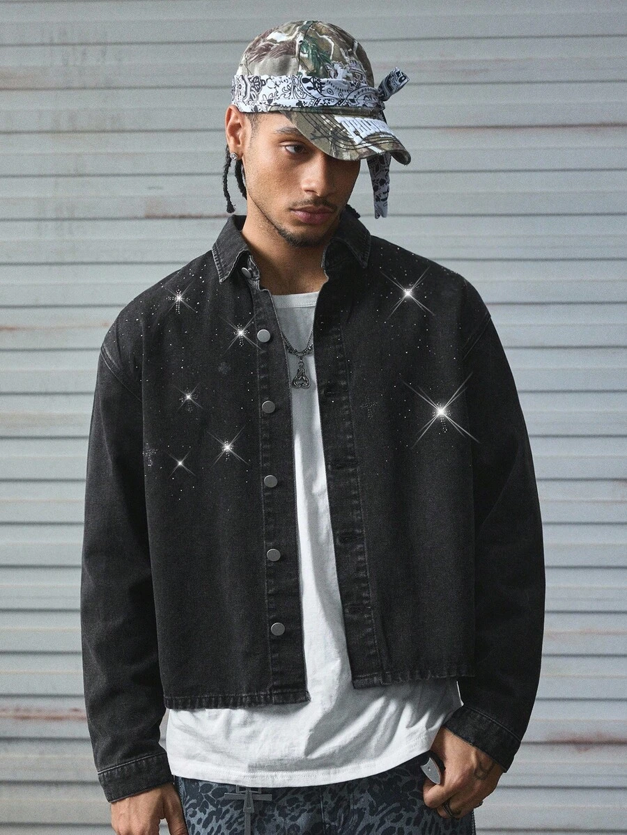 AXEPEAK Men Washed Rhinestone Denim Jacket, Brand High-End Lapel Stylish Short Jacket, Fall - Black - View 1