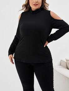 SHEIN CURVE+ Casual Simple Slim Cold Shoulder Plus Size Turtleneck T-Shirt, Autumn/Winter - Black - View 7