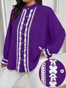 EMERY ROSE Plus Size Contrast Color Trim Collar & Cuff Casual/Work Wear Long Sleeve Shirt - Purple - View 6