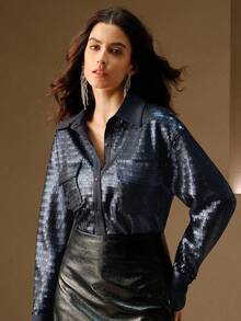 Anewsta Autumn New Sequin Embellished Blouse For Women, Navy Blue, Luxury High-End Party Top With Pockets, Fashionable Sparkling Shirt - Navy Blue - View 5