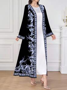 Al Najma 1 件女士舒适黑蓝花卉长袍，适合所有季节的传统服装，精致的花卉图案神秘优雅奢华，衣领、袖口和下摆饰有复古花卉饰边，适合女性日常穿着、约会、休闲、派对、度假、朴素的长袍