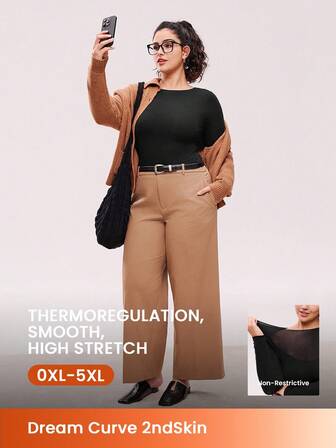 LUVLETTE Plus Dream Curve 2ndSkin Super Soft Women's Basic Black Crew Neck Long-Sleeve Base Layer Top Max Stretch Thermal-Balance Base Layer Long-Sleeve Top Pajama Lingerie As Outerwear