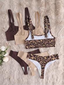 6pcs Women Casual Leopard Print Comfortable Minimalist Wireless Bra And Low-Rise Thong Panty Set