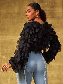 Vixey Black Chiffon Circle Applique Long Sleeve Top