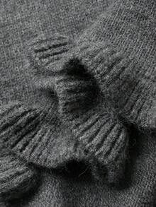 DAZY 女士优雅纯色V领花卉提花毛衣及荷叶边半裙两件套，秋季 - 灰色 - 查看 8