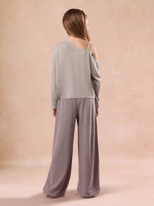 SUMWON Tween Girls Asymmetric One Shoulder Sweatshirt With Varsity Number Print And Striped Wide Leg Pants Co Ord Set For Fall Winter - Grey - View 2