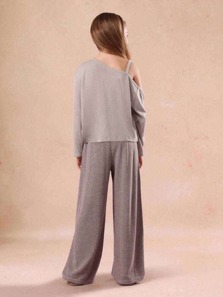 One Shoulder Sweatshirt With Number Print And Wide Leg Pants